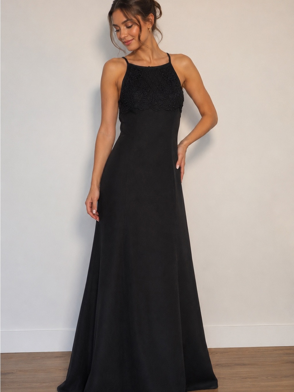 Scott McClintock Black Halter Maxi Dress with Lace Yoke Y2K millennium edition